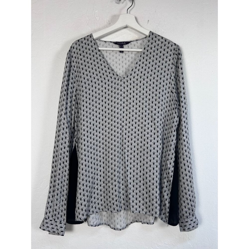 Long Tall Sally Womens V-Neck Long Sleeve Geometric Top Blouse Size 10 Black